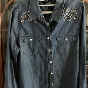 Women's Blue Button Down Shirt with Studded Design